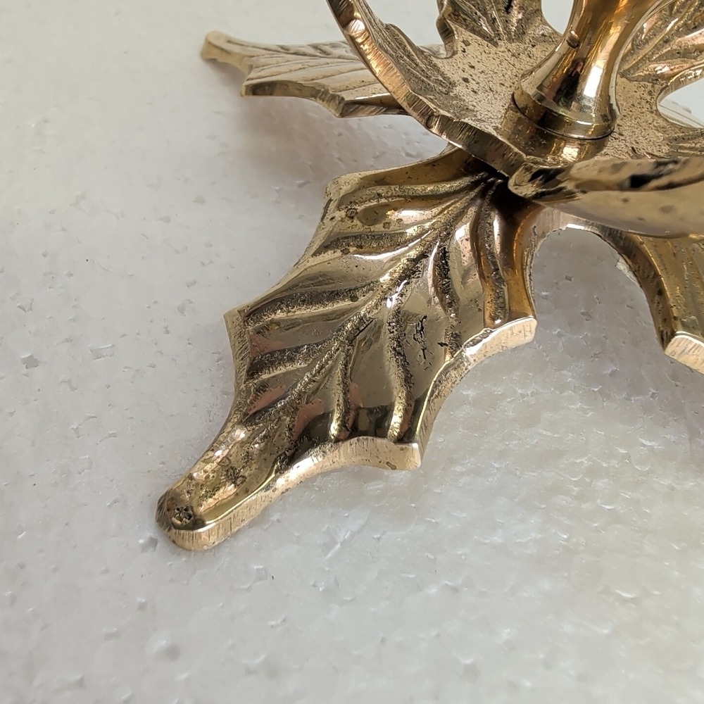Brass Candlestick Holder Holly Leaves Christmas Decor Made In India W/Handle 3" - Picture 7 of 7